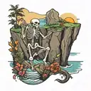 skeleton dancing off cliff overlooking the ocean tattoo design idea