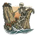 skeleton dancing off cliff overlooking the ocean tattoo design idea