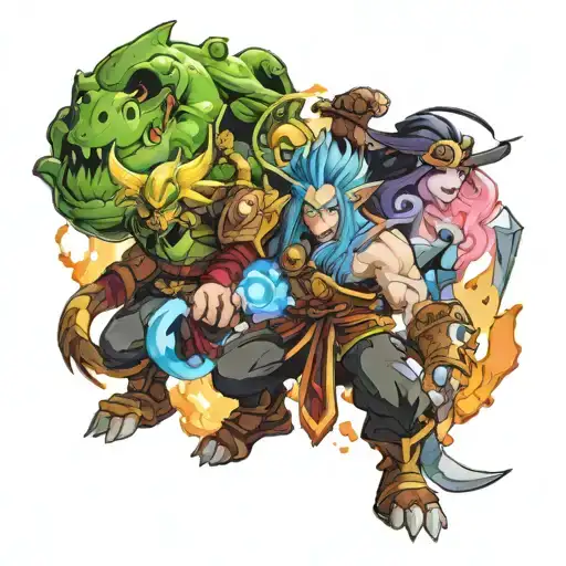 A mashup tattoo featuring characters from World of Warcraft, Overlord, That Time I Got Reincarnated as a Slime, Zelda, and Dragonball Z in a battle scene tattoo design idea