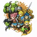 A mashup tattoo featuring characters from World of Warcraft, Overlord, That Time I Got Reincarnated as a Slime, Zelda, and Dragonball Z in a battle scene tattoo design idea