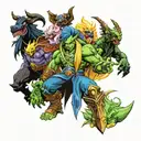 A mashup tattoo featuring characters from World of Warcraft, Overlord, That Time I Got Reincarnated as a Slime, Zelda, and Dragonball Z in a battle scene tattoo design idea