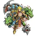 A mashup tattoo featuring characters from World of Warcraft, Overlord, That Time I Got Reincarnated as a Slime, Zelda, and Dragonball Z in a battle scene tattoo design idea