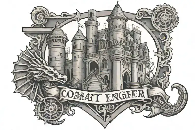 Combat Engineer castle with Essayons scroll and seahorse tattoo design idea