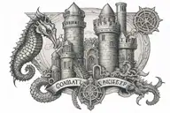 Combat Engineer castle with Essayons scroll and seahorse tattoo design idea