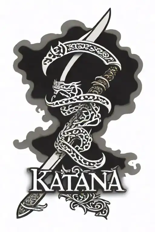the word "Katana" in a old English font with lepord print  tattoo design idea
