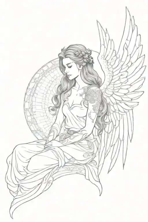 seraphim angel with six wings sitting looking beautiful woman tattoo design idea