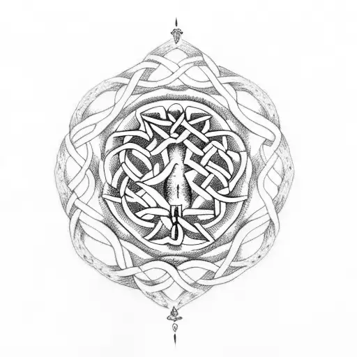 A dotwork tattoo of a Celtic tree of life intertwined with a Vegvisir tattoo design idea