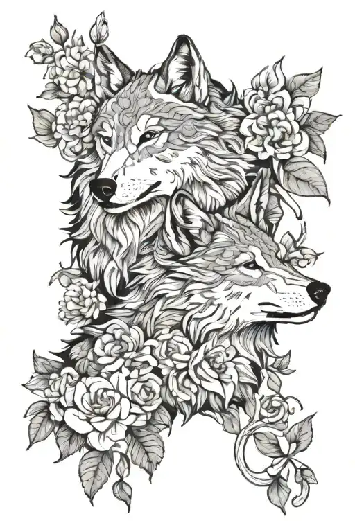 wolf couple surrounded by blooming flowers intertwined tattoo design idea