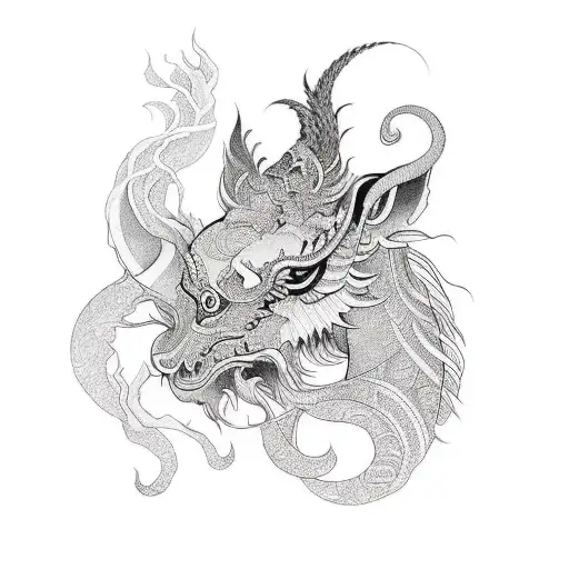 An Asian-inspired tattoo depicting a mythical creature in a blackwork style tattoo design idea