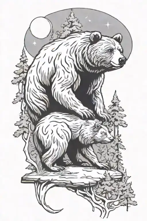 bear in the forest under the moonlight shining tattoo design idea