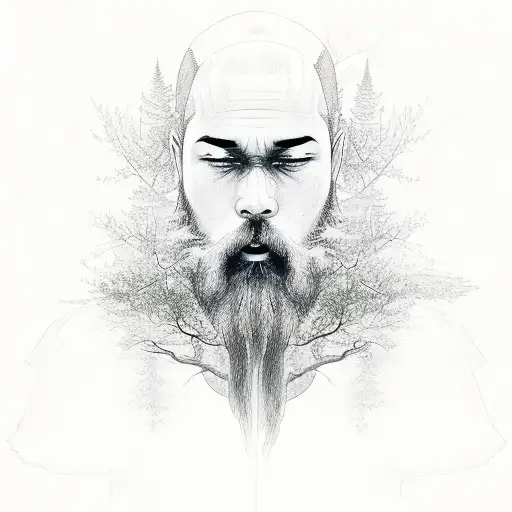 monk with trees behind and all eliments around it like water,wind,fire,earth  tattoo design idea