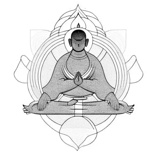 monk meditating with trees and mountains behind it tattoo design idea