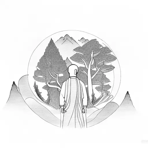 monk meditating with trees and mountains behind it tattoo design idea