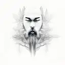 monk with trees behind and all eliments around it like water,wind,fire,earth  tattoo design idea