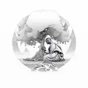 monk with trees behind and all eliments around it like water,wind,fire,earth  tattoo design idea