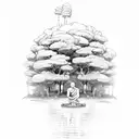 monk with trees behind and all eliments around it like water,wind,fire,earth  tattoo design idea