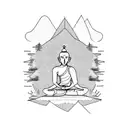 monk meditating with trees and mountains behind it tattoo design idea