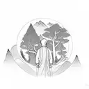 monk meditating with trees and mountains behind it tattoo design idea