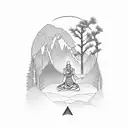 monk meditating with trees and mountains behind it tattoo design idea