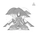 monk meditating with trees and mountains behind it tattoo design idea