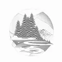 monk meditating with trees and mountains behind it tattoo design idea