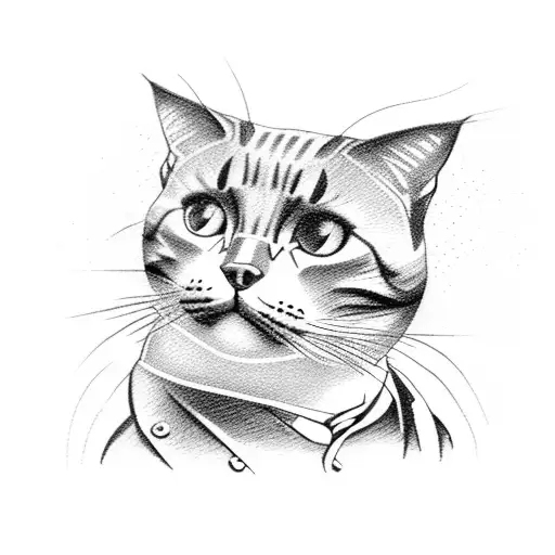 A silhouette of a cat wearing a suit with mining tools in the background tattoo design idea