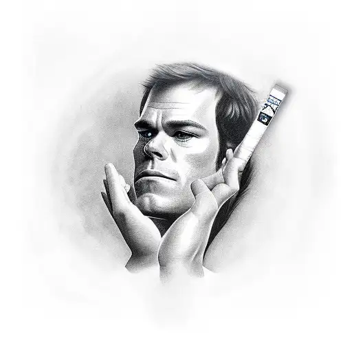 A realistic portrait of Dexter Morgan holding a lucky strike cigarette tattoo design idea