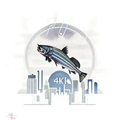 A bass fish breaking through a Kansas City skyline, surrounded by musical notes tattoo design idea