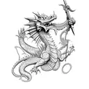 Warrior on a cliff facing a dragon with a greatsword raised high in defiance to the dragons great power and destruction tattoo design idea