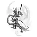 Warrior on a cliff facing a dragon with a greatsword raised high in defiance to the dragons great power and destruction tattoo design idea