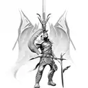 Warrior on a cliff facing a dragon with a greatsword raised high in defiance to the dragons great power and destruction tattoo design idea