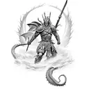 Warrior on a cliff facing a dragon with a greatsword raised high in defiance to the dragons great power and destruction tattoo design idea