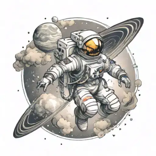 An intricate tattoo with an astronaut floating in space surrounded by the solar system with a wave of clouds all around  tattoo design idea