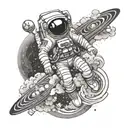 An intricate tattoo with an astronaut floating in space surrounded by the solar system with a wave of clouds all around  tattoo design idea