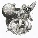An intricate tattoo with an astronaut floating in space surrounded by the solar system with a wave of clouds all around  tattoo design idea