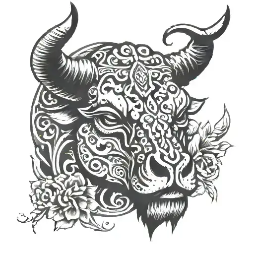 A black-grey tattoo of a majestic toro bull adorned with traditional calavera sugar skull patterns, symbolizing the balance between life and death tattoo design idea