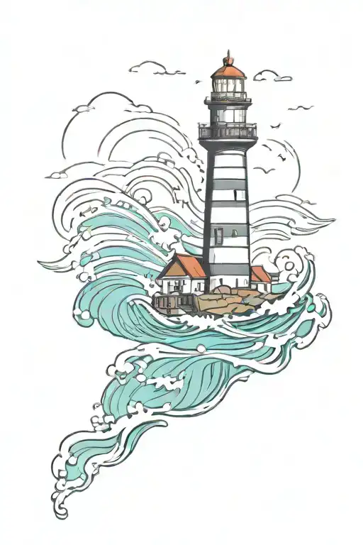 lighthouse with reflection in water waves crashing tattoo design idea