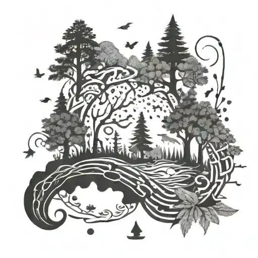 An intricate design of a running trail winding through a forest, with various animal symbols representing different aspects of physical therapy scattered along the path tattoo design idea