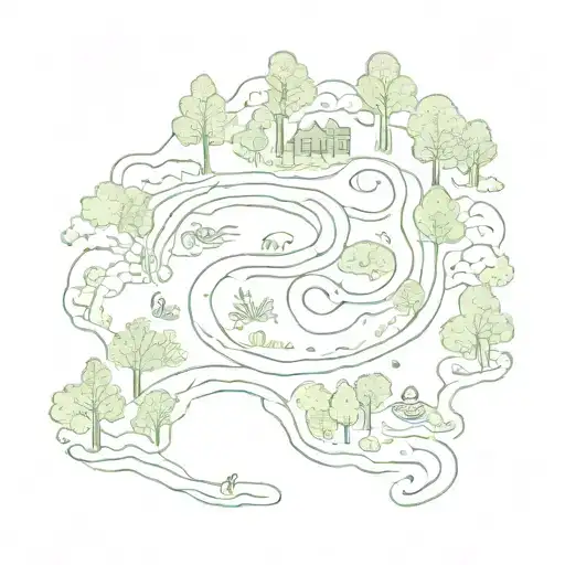An intricate design of a running trail winding through a forest, with various animal symbols representing different aspects of physical therapy scattered along the path tattoo design idea