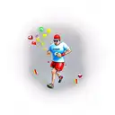 A realistic tattoo of a goofy character dressed in running gear, eating a jellybean while crossing the finish line of a triathlon, capturing your love for both running and jellybeans. tattoo design idea