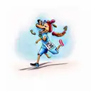 A realistic tattoo of a goofy character dressed in running gear, eating a jellybean while crossing the finish line of a triathlon, capturing your love for both running and jellybeans. tattoo design idea