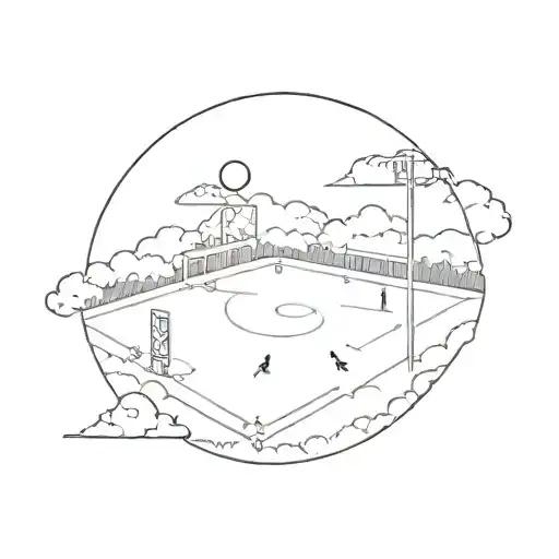 A minimalist depiction of a soccer field with a subtle image of the Virgin Mary in the clouds above tattoo design idea