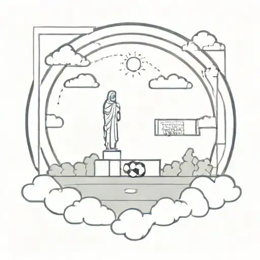 A minimalist depiction of a soccer field with a subtle image of the Virgin Mary in the clouds above tattoo design idea