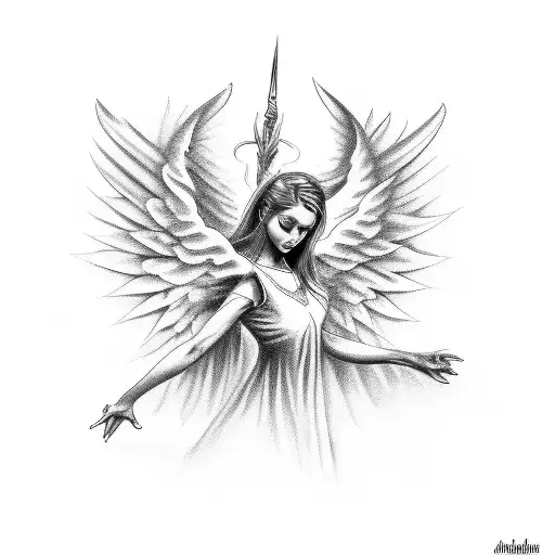 Grey Ink Dancing Female Angel Tattoo Design