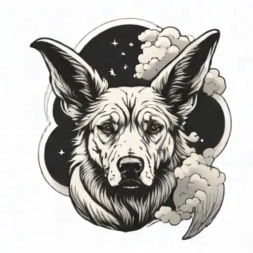 A stylized portrait of a dog with angel wings, surrounded by clouds and mountains tattoo design idea