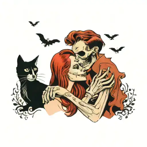 girl with red hair hugs guy, he is a skeleton, she is a human tattoo design idea