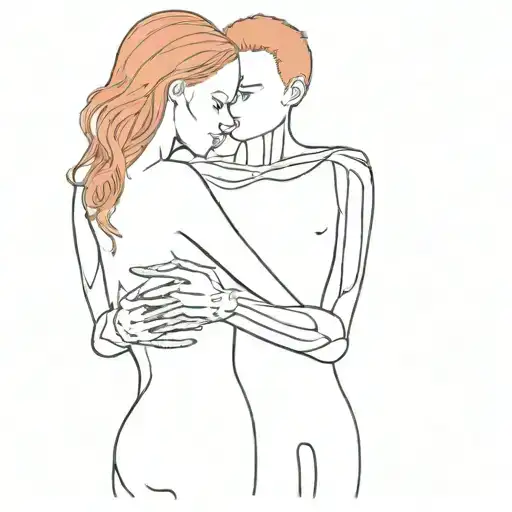 girl with red hair hugs guy, he is a skeleton, she is a human tattoo design idea