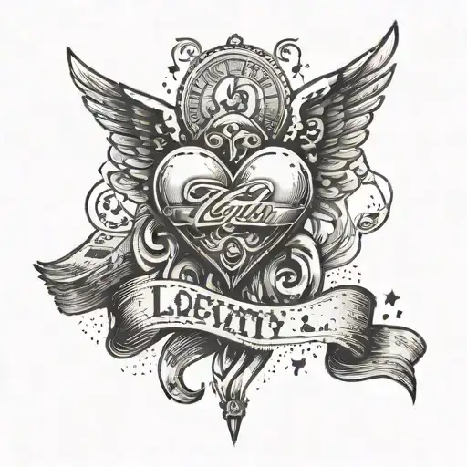 A tattoo design of a heart with wings and a banner that says 'loyalty' flying over a stack of money, symbolizing the importance of staying true to your values while also pursuing financial success tattoo design idea