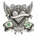 A tattoo design of a heart with wings and a banner that says 'loyalty' flying over a stack of money, symbolizing the importance of staying true to your values while also pursuing financial success tattoo design idea