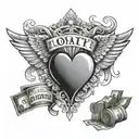 A tattoo design of a heart with wings and a banner that says 'loyalty' flying over a stack of money, symbolizing the importance of staying true to your values while also pursuing financial success tattoo design idea
